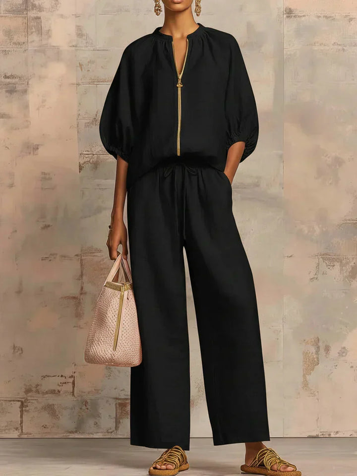 Alba Relaxed Button-Up Shirt and Coordinated Wide Leg Pants, view 3 - Elena Harper