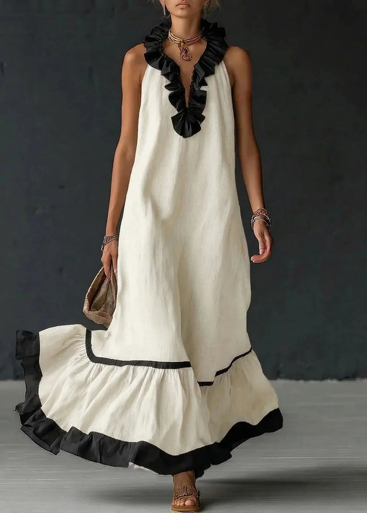 Long Women's Fluid Dress with Contrasting Ruffles