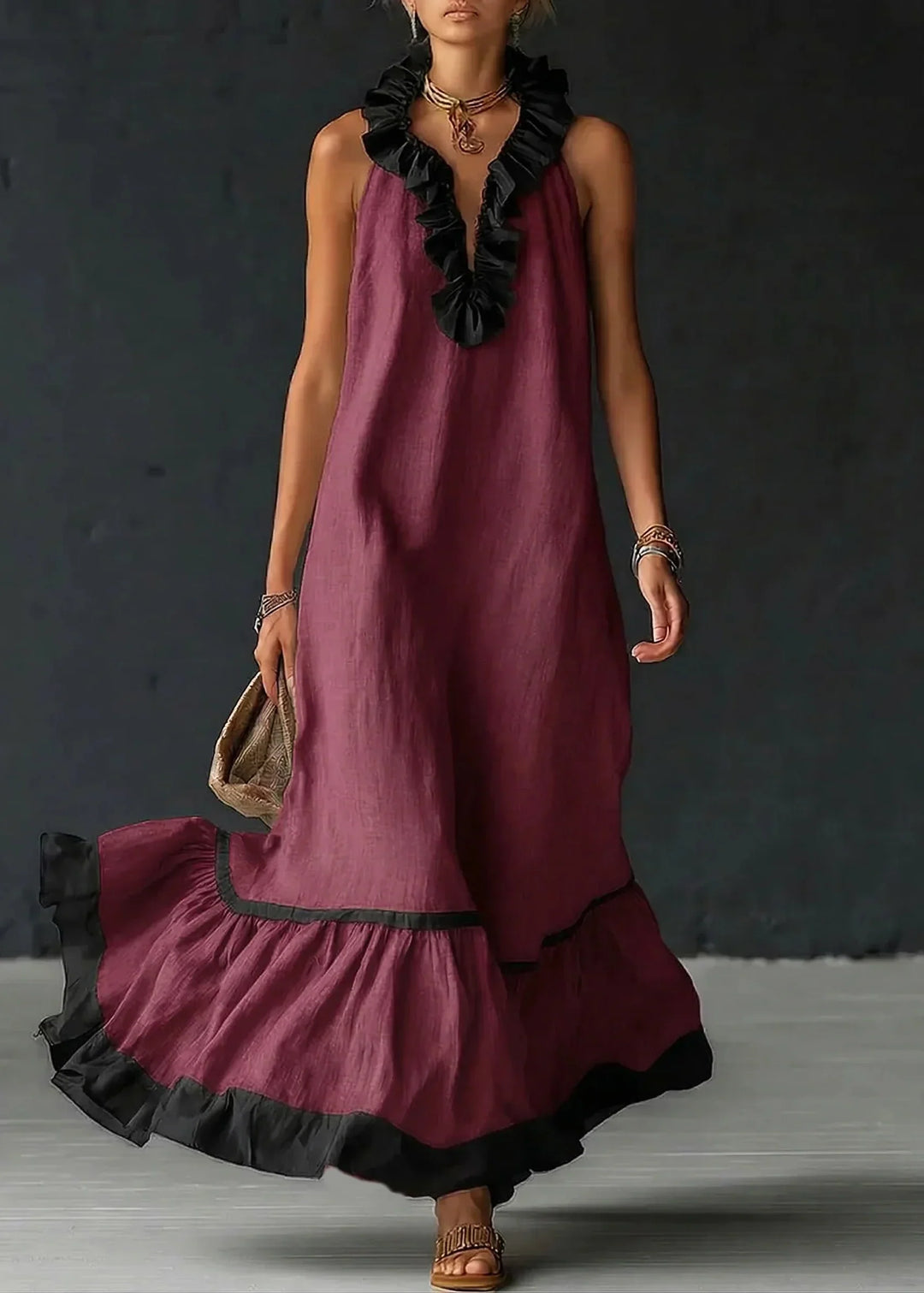 Long Women's Fluid Dress with Contrasting Ruffles