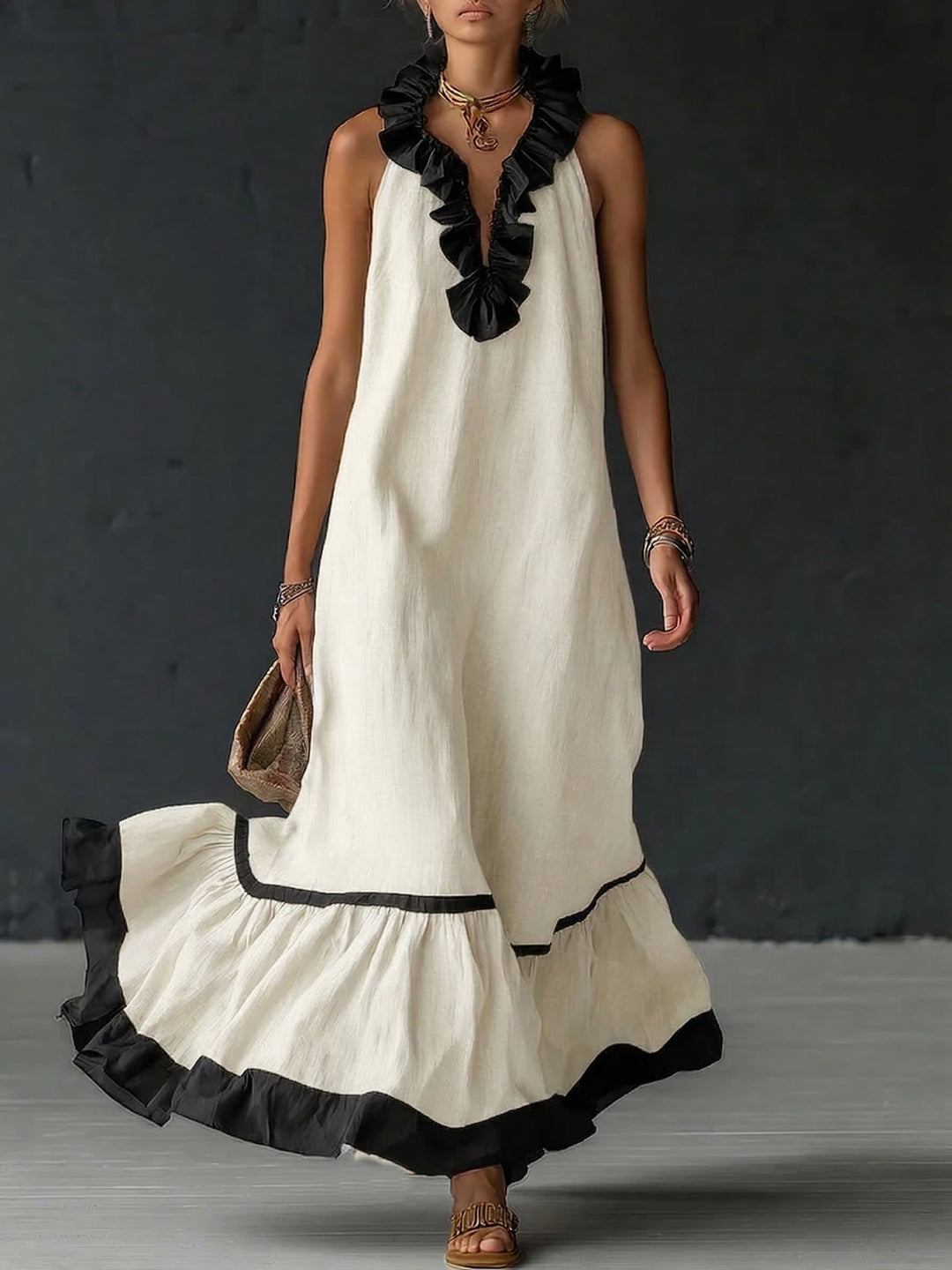 Women's Elegant Color-Block Ruffle Maxi Dress for Flowing Style