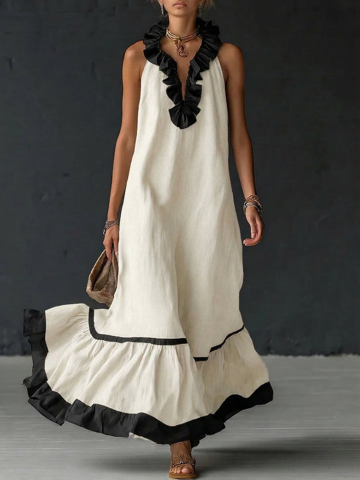 Women's Elegant Color-Block Ruffle Maxi Dress for Flowing Style