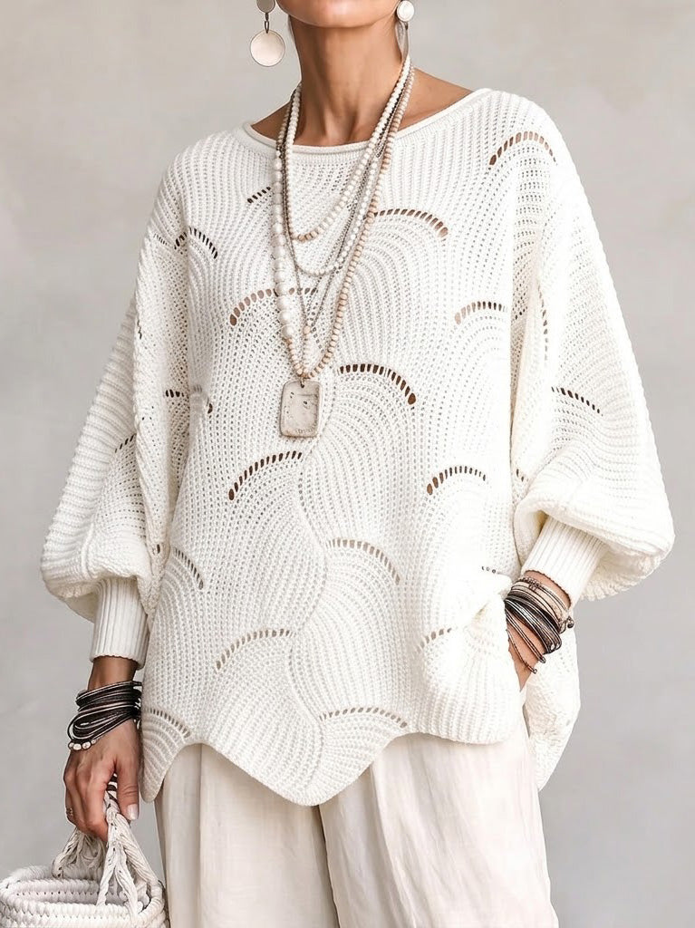 Women's Openwork Knit Sweater with Wavy Pattern