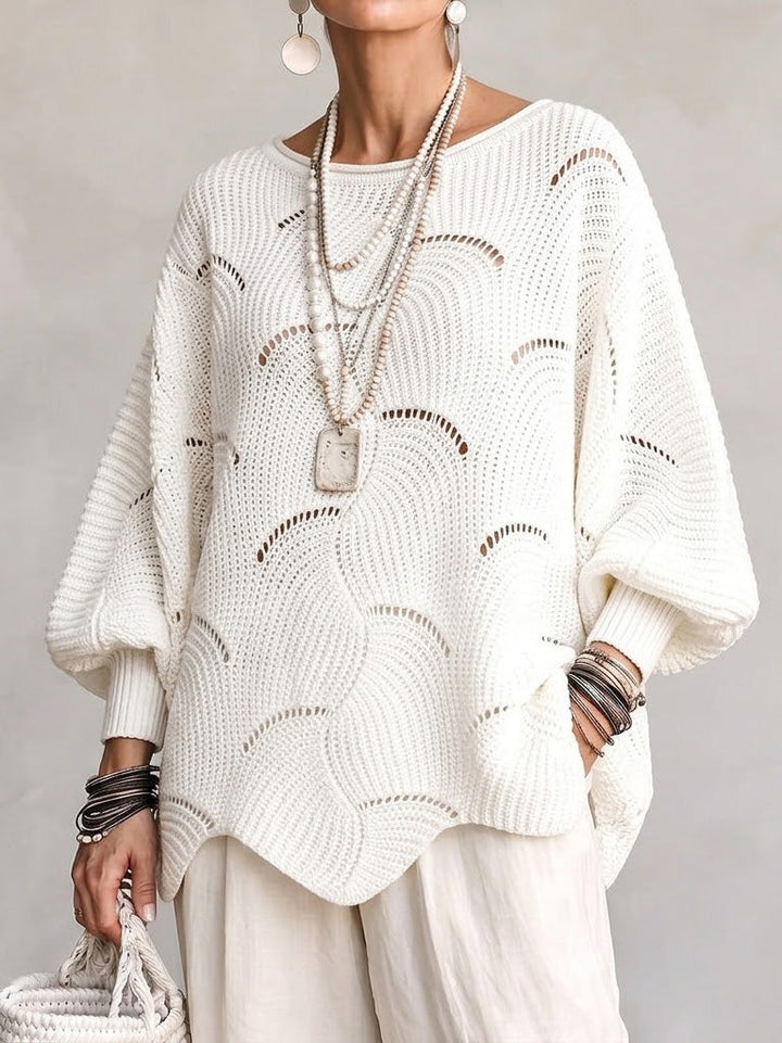Women's Openwork Knit Sweater with Wavy Pattern