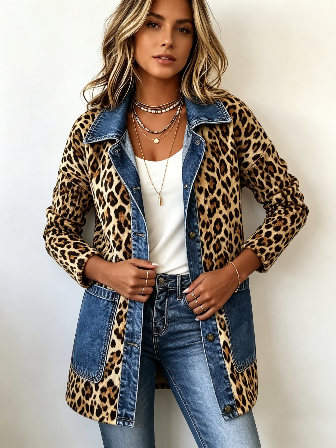 Lorena | Long Leopard Coat with Denim