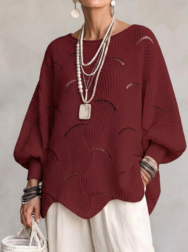 Women's Openwork Knit Sweater with Wavy Pattern
