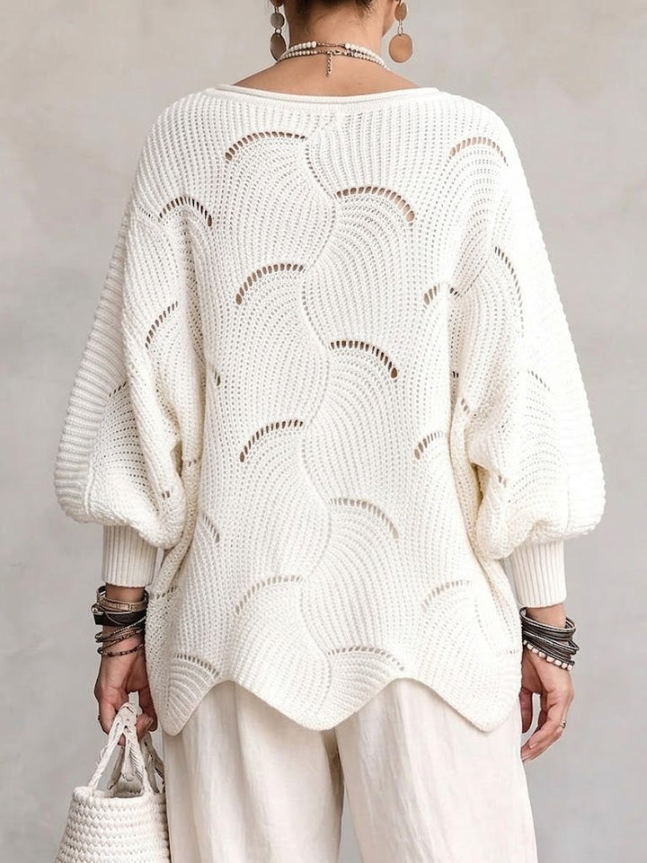 Women's Openwork Knit Sweater with Wavy Pattern