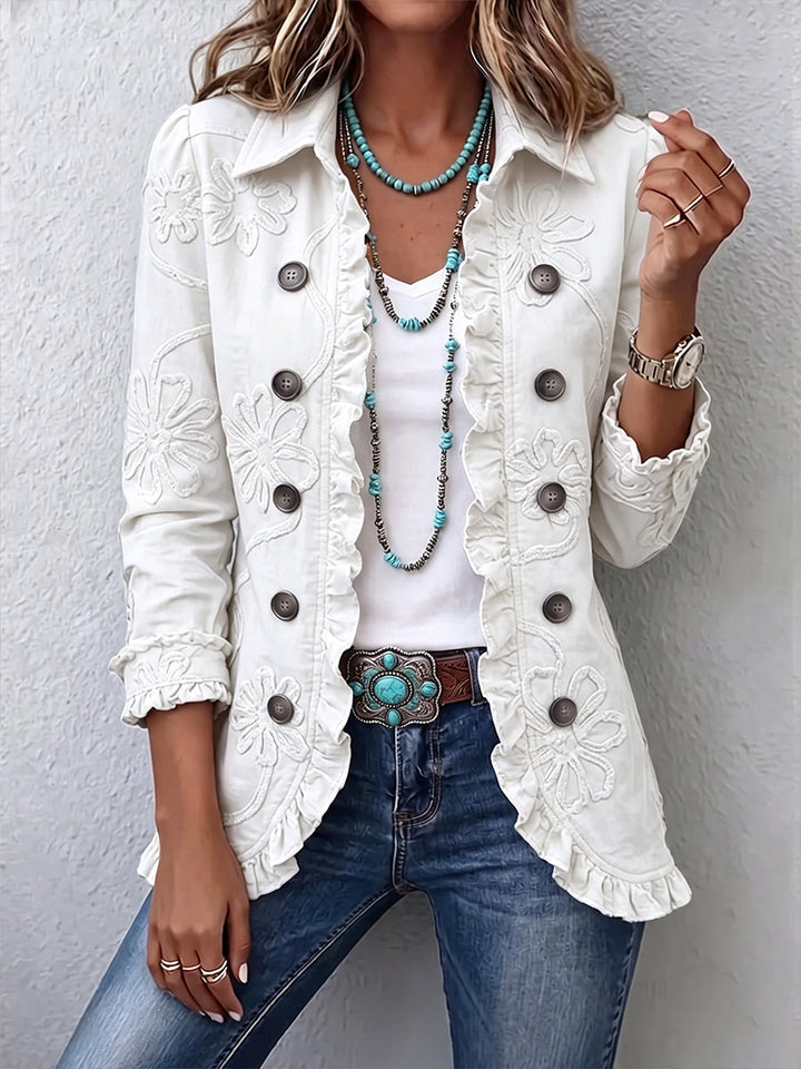 Embroidered Women's Jacket with Ruffles and Decorative Buttons