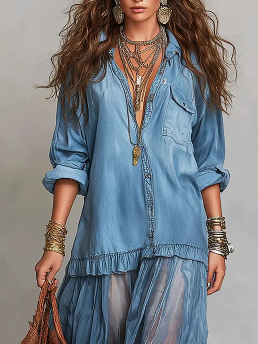 Sallie | Retro Lapel Denim Organza Patchwork Art Casual Maxi Dress