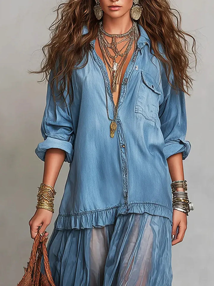 Sallie | Retro Lapel Denim Organza Patchwork Art Casual Maxi Dress