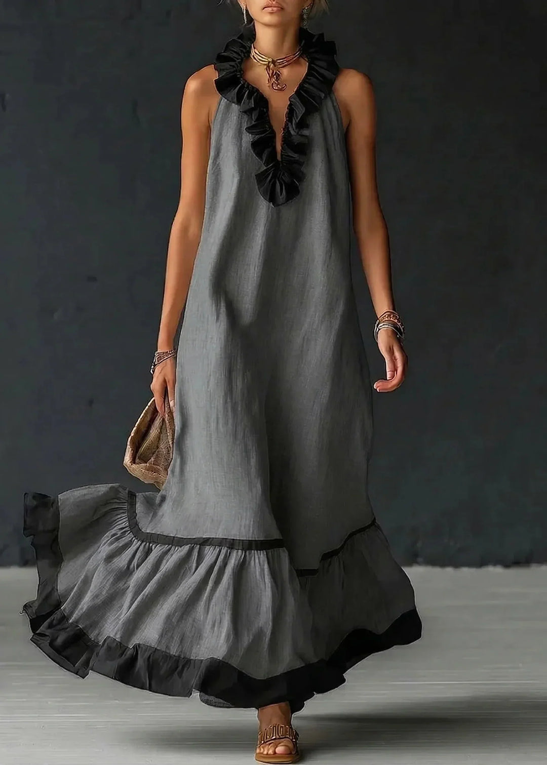 Long Women's Fluid Dress with Contrasting Ruffles
