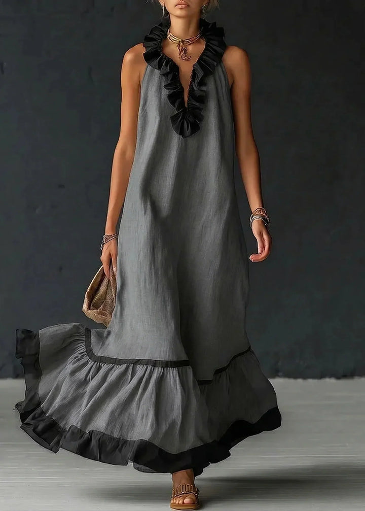 Long Women's Fluid Dress with Contrasting Ruffles