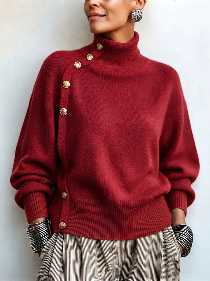 Elegant asymmetrical buttoned turtleneck sweater for women