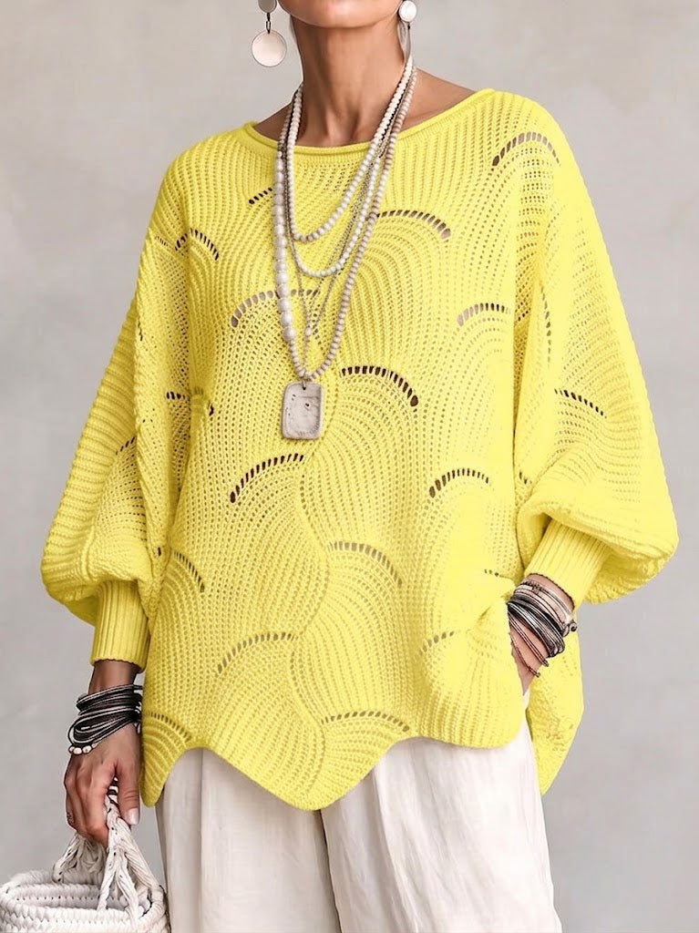 Women's Openwork Knit Sweater with Wave Pattern Fluid and Feminine, view 5 - Elena Harper