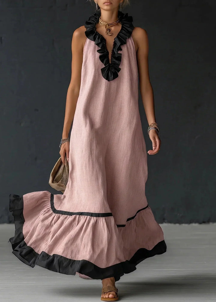 Long Women's Fluid Dress with Contrasting Ruffles