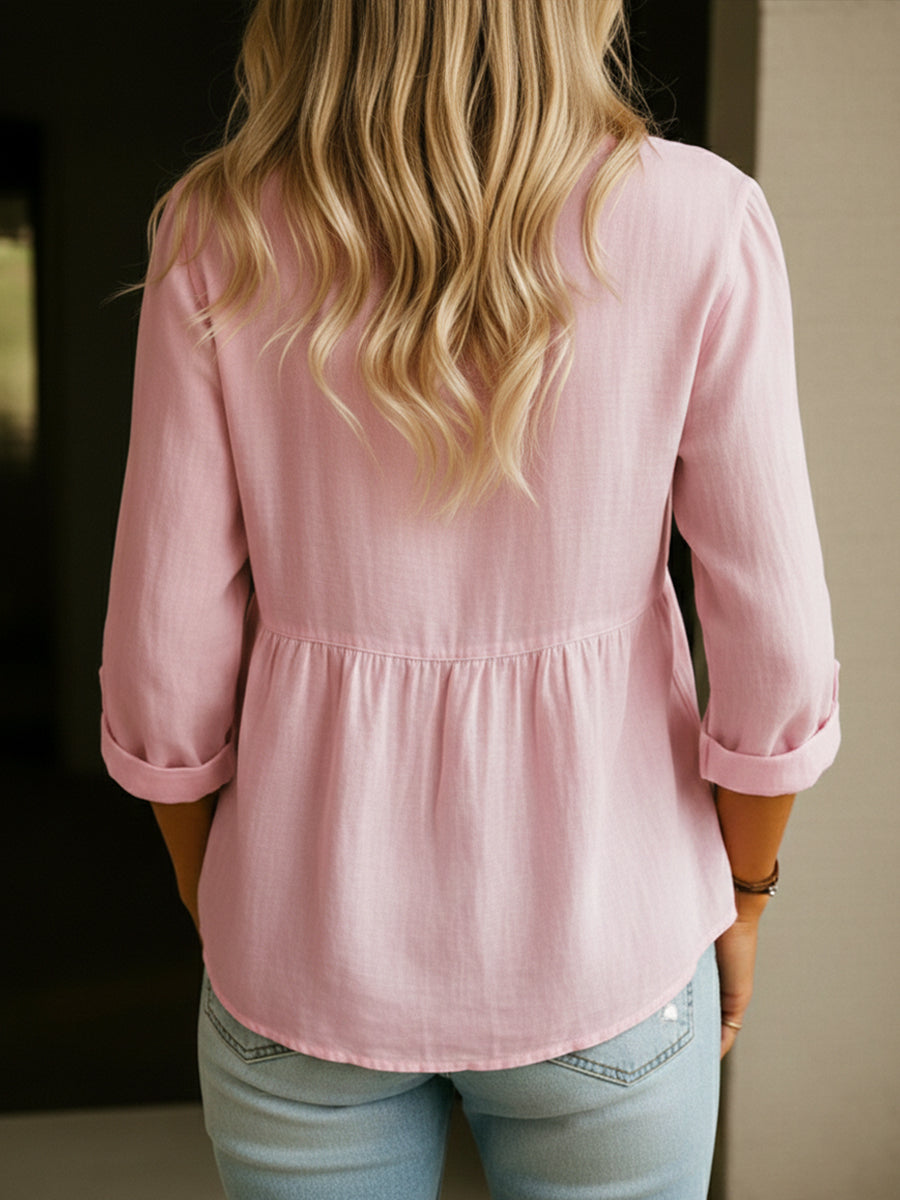 Women's Linen Cotton Blend Shirt - 3/4 Sleeve Crew Neck Loose Hip-Length Casual Blouse