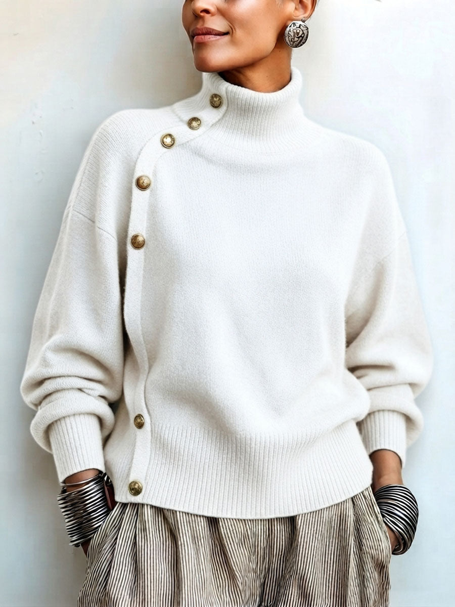 Elegant asymmetrical buttoned turtleneck sweater for women