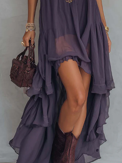Myrtle - Retro Halter Neck Irregular Ruffle Maxi Dress