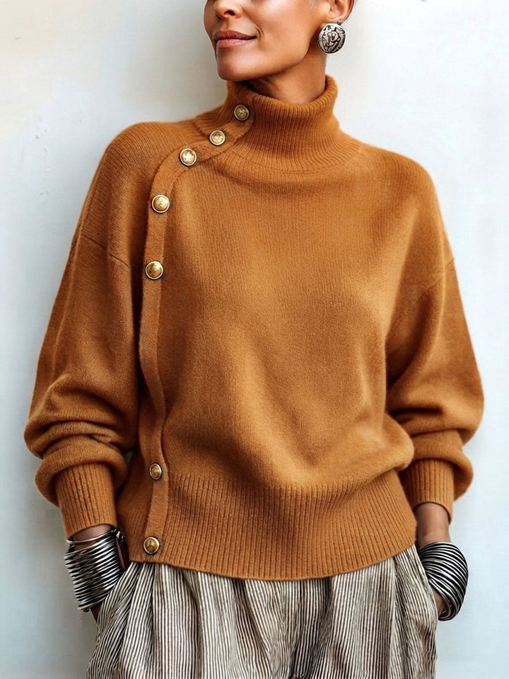 Elegant asymmetrical buttoned turtleneck sweater for women