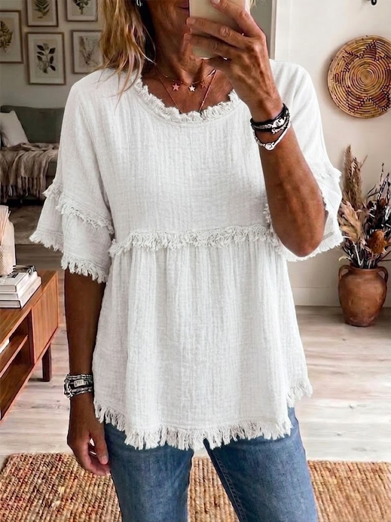Casual Short-sleeve Raw-hem Linen-blend Top, view 2 - Elena Harper