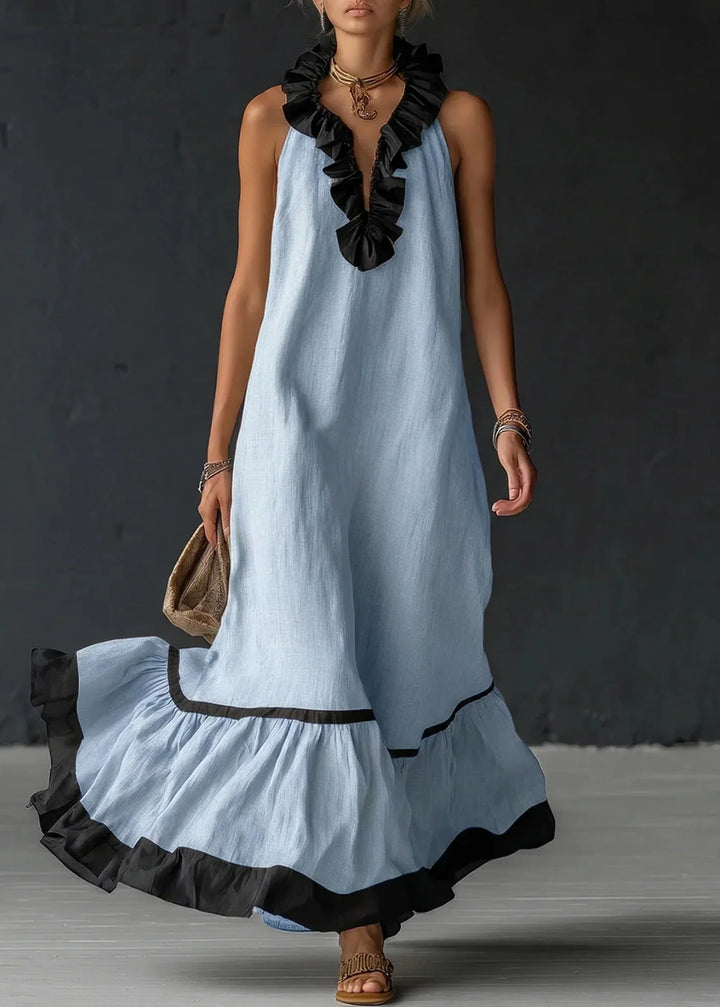 Long Women's Fluid Dress with Contrasting Ruffles