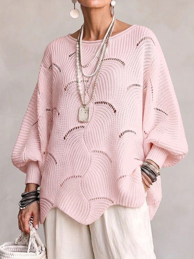 Women's Openwork Knit Sweater with Wavy Pattern