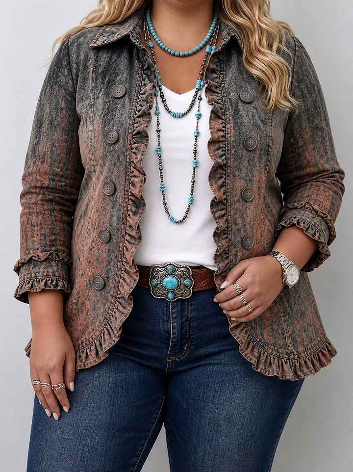 Women's Vintage Print Ruffle Jacket with Button Front - Elena Harper