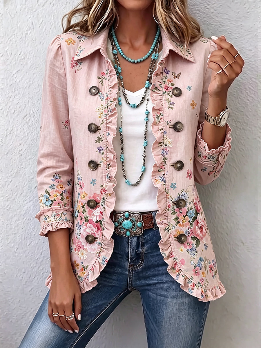 Bettany Floral Ruffle Button-Front Jacket - Elena Harper
