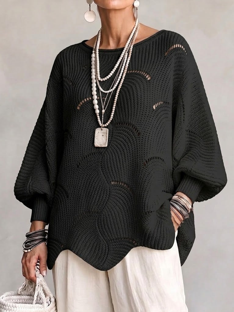 Women's Openwork Knit Sweater with Wave Pattern Fluid and Feminine, view 9 - Elena Harper