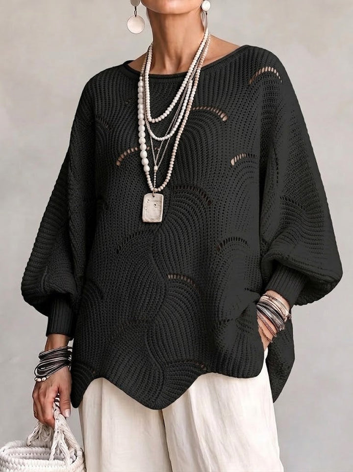 Women's Openwork Knit Sweater with Wave Pattern Fluid and Feminine, view 9 - Elena Harper