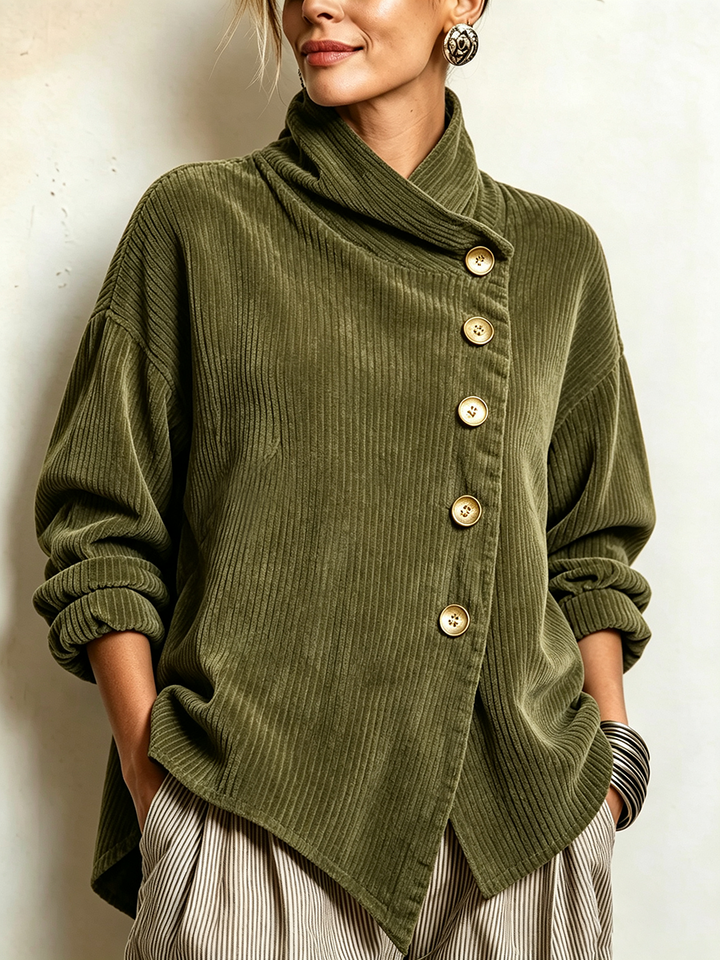 Textured Women's Sweater with Draped Collar and Buttons