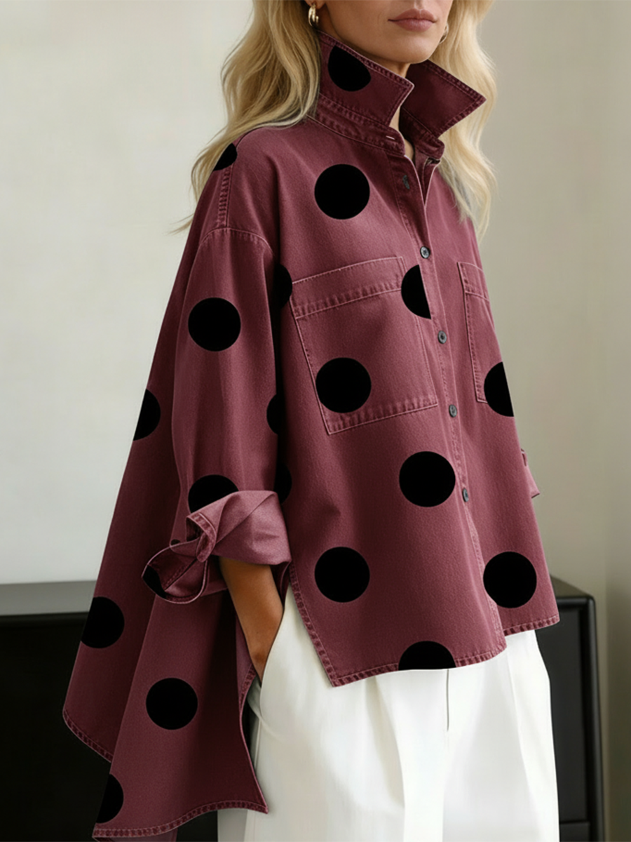 Stella - Elegant Artistic Polka Dot Print Stand-collar Denim Top