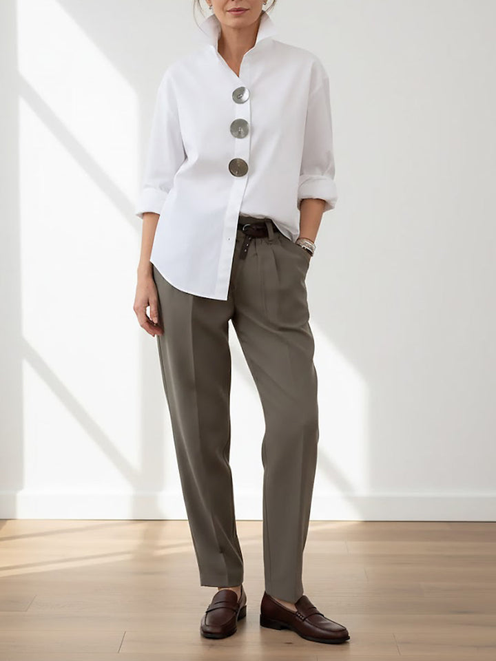 Women's Cotton Linen Blouse – Elegant High Collar Casual Style