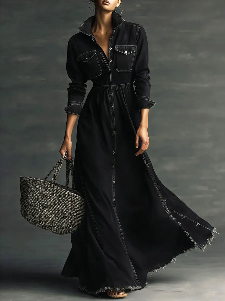 Mary - Stylish Art Stand Collar Washed Denim Midi Dress