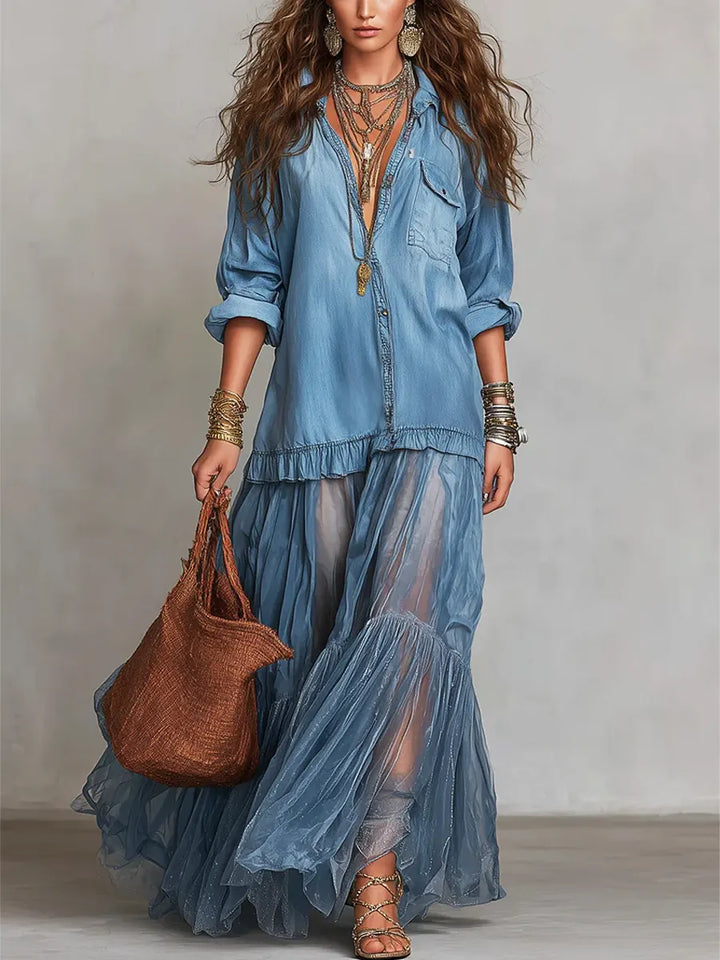 Sallie | Retro Lapel Denim Organza Patchwork Art Casual Maxi Dress