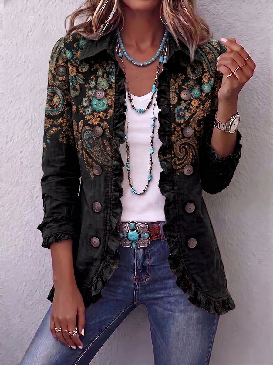 Bohemian Women's Jacket with Paisley Print and Ruffles