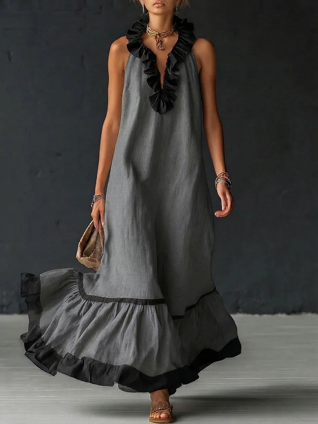 Women's Elegant Color-Block Ruffle Maxi Dress for Flowing Style