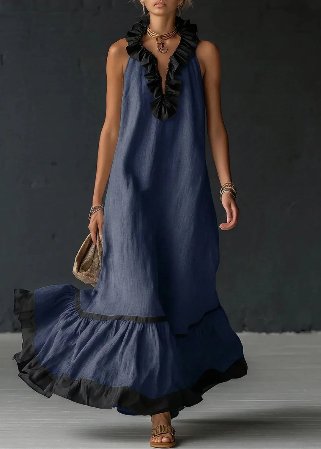 Long Women's Fluid Dress with Contrasting Ruffles
