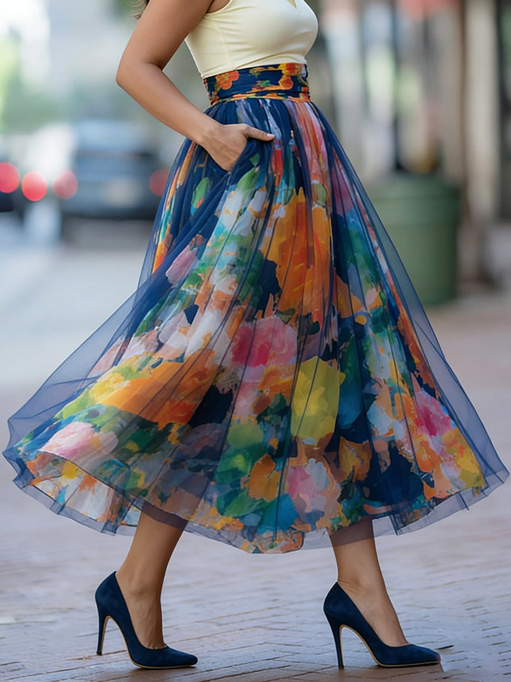 Artistic Watercolor Print Mesh-paneled Skirt, view 3 - Elena Harper