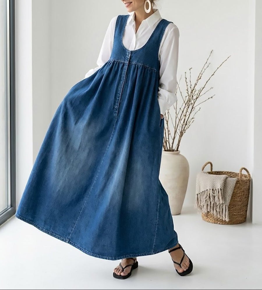 Karen | Vintage Wash Long Denim Dress with Soft Cotton Touch