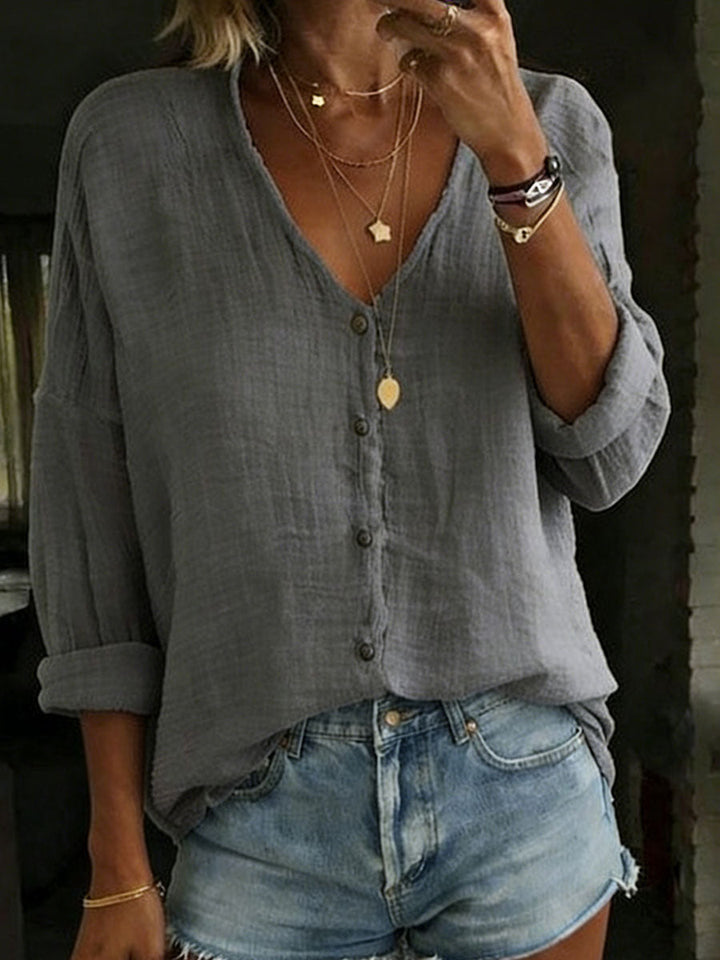 Women's Cotton Linen Loose Solid Color Long-sleeved Shirt