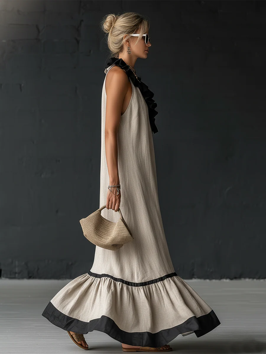 Women's Elegant Color-Block Ruffle Maxi Dress for Flowing Style