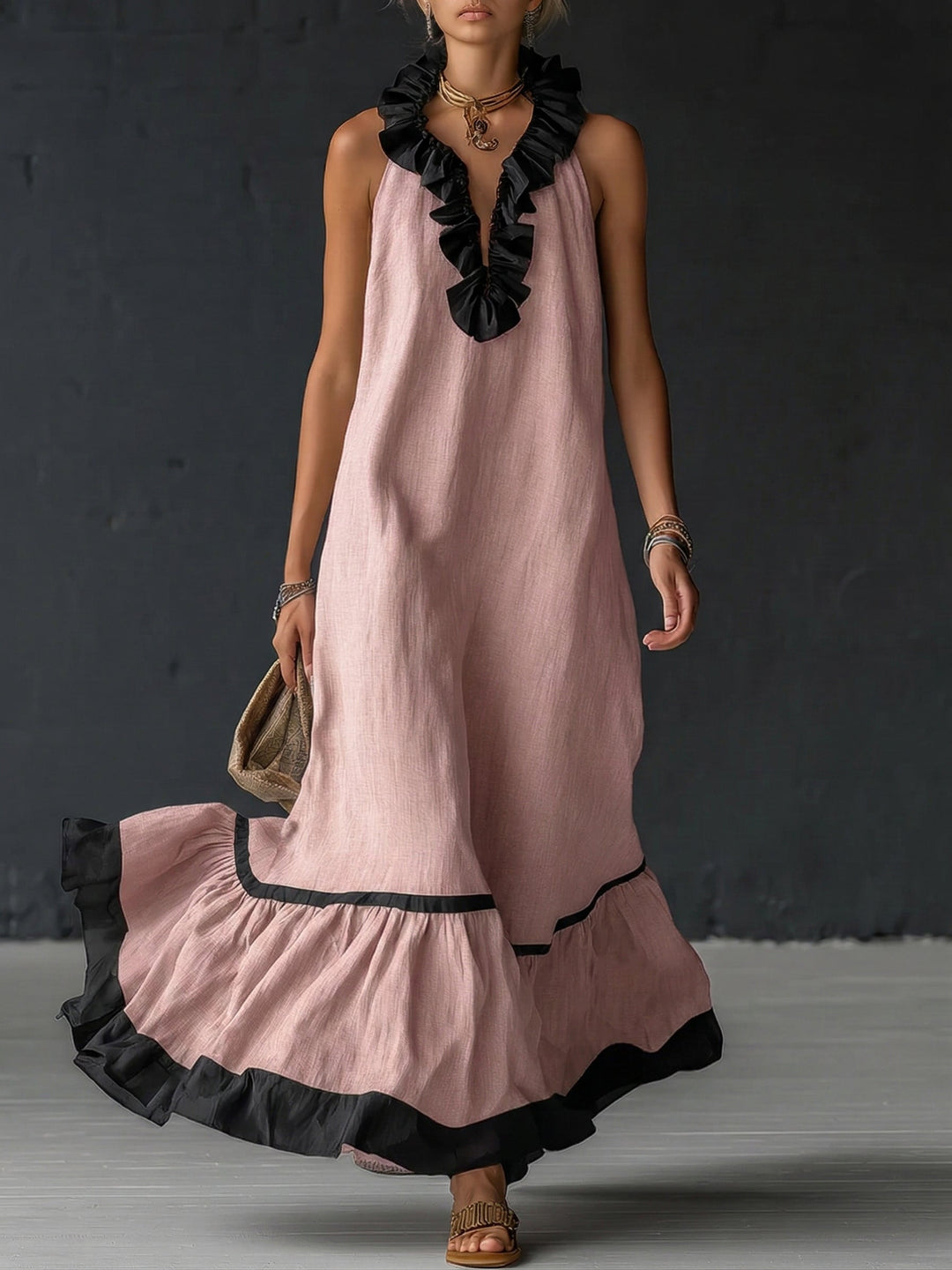 Women's Elegant Color-Block Ruffle Maxi Dress for Flowing Style