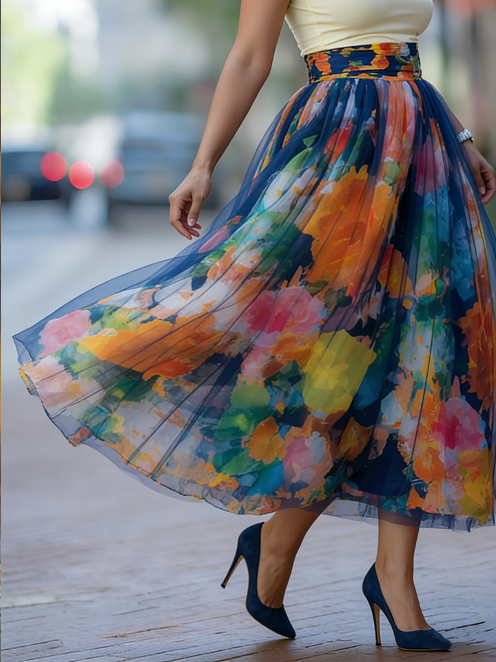 Artistic Watercolor Print Mesh-paneled Skirt, view 5 - Elena Harper