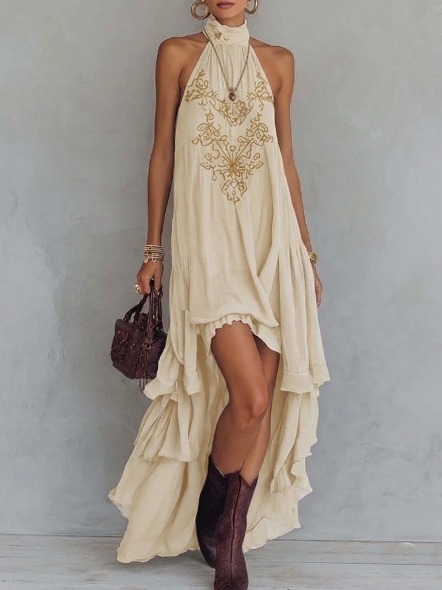 Clara - Retro Halter Neck Irregular Ruffle Maxi Dress
