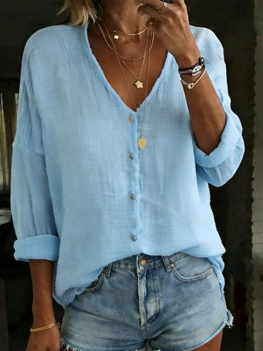 Women's Cotton Linen Loose V-Neck Button Front Solid Color Long-sleeved Shirt