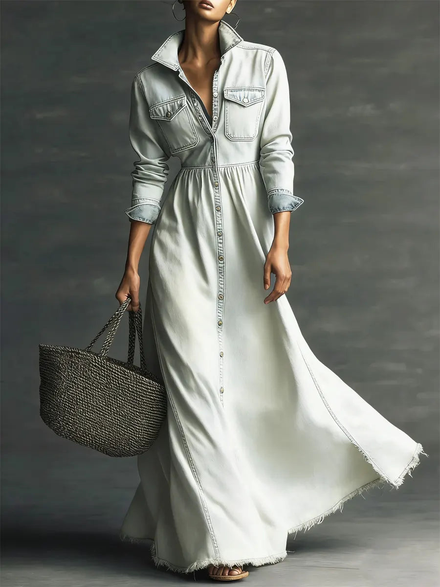 Aurora - Stylish Art Stand Collar Washed Denim Midi Dress