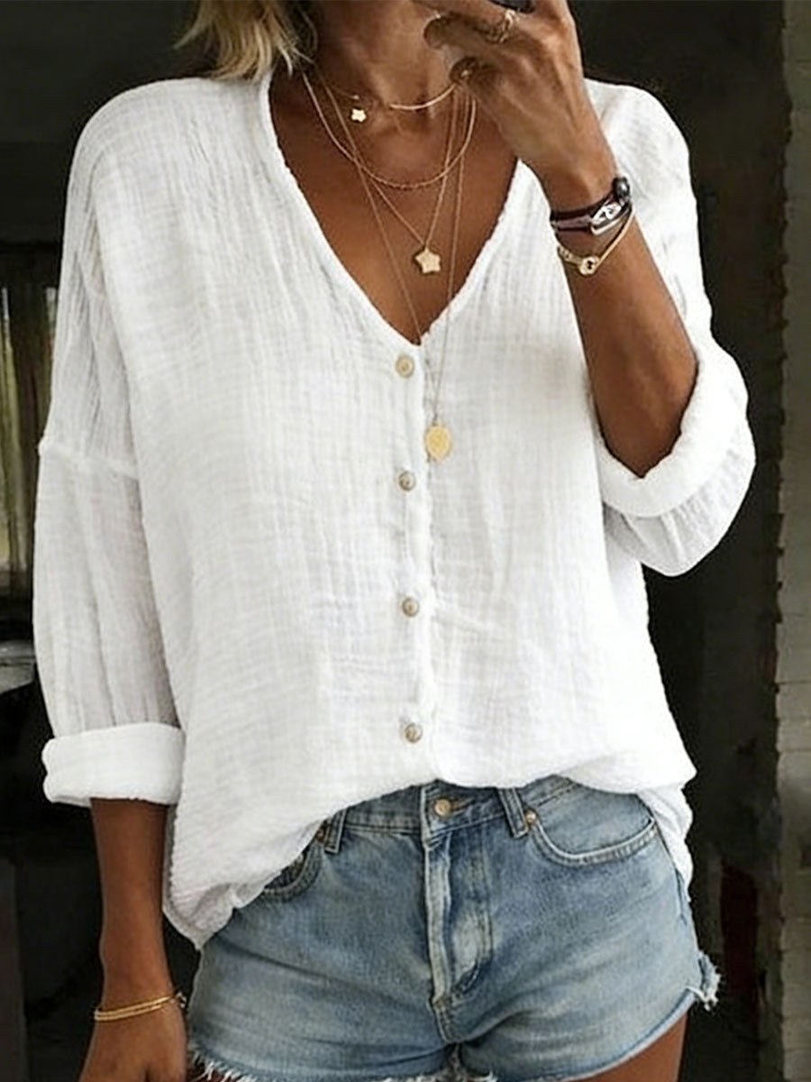 Women's Cotton Linen Loose V-Neck Button Front Solid Color Long-sleeved Shirt
