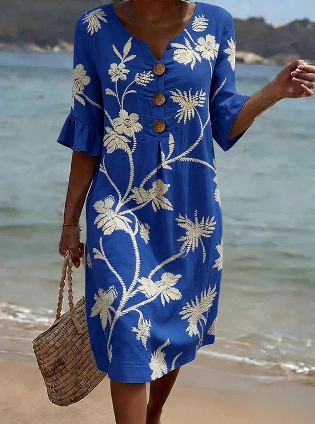 Eloise 3/4 Sleeve V-Neck Floral Print Casual Cotton-Linen Dress, view 6 - Elena Harper
