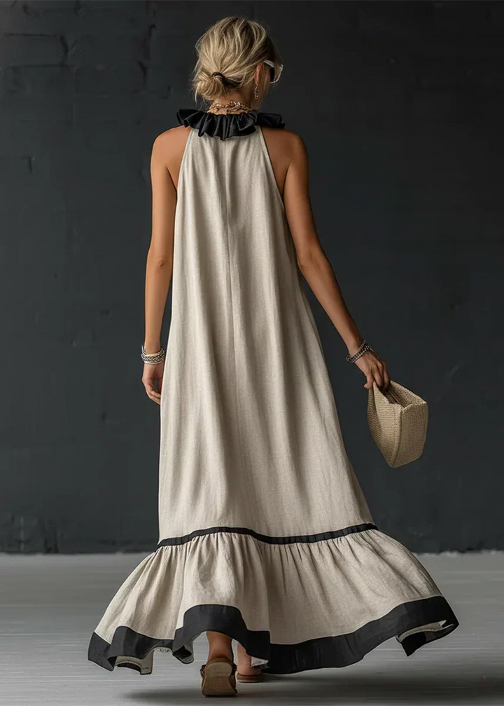 Long Women's Fluid Dress with Contrasting Ruffles