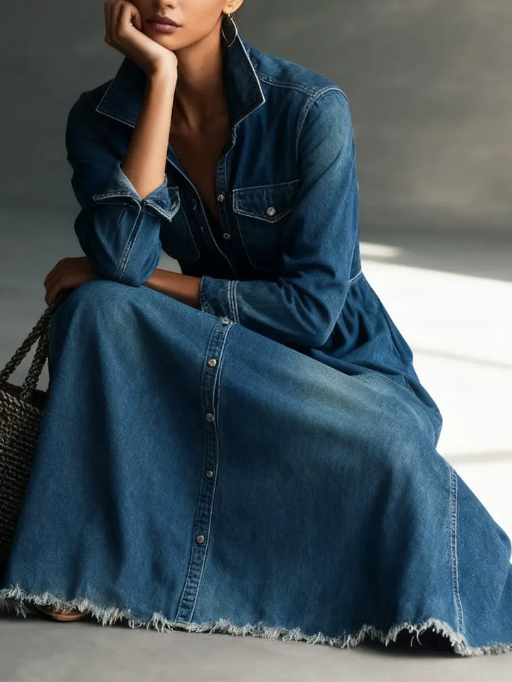 Mary - Stylish Art Stand Collar Washed Denim Midi Dress